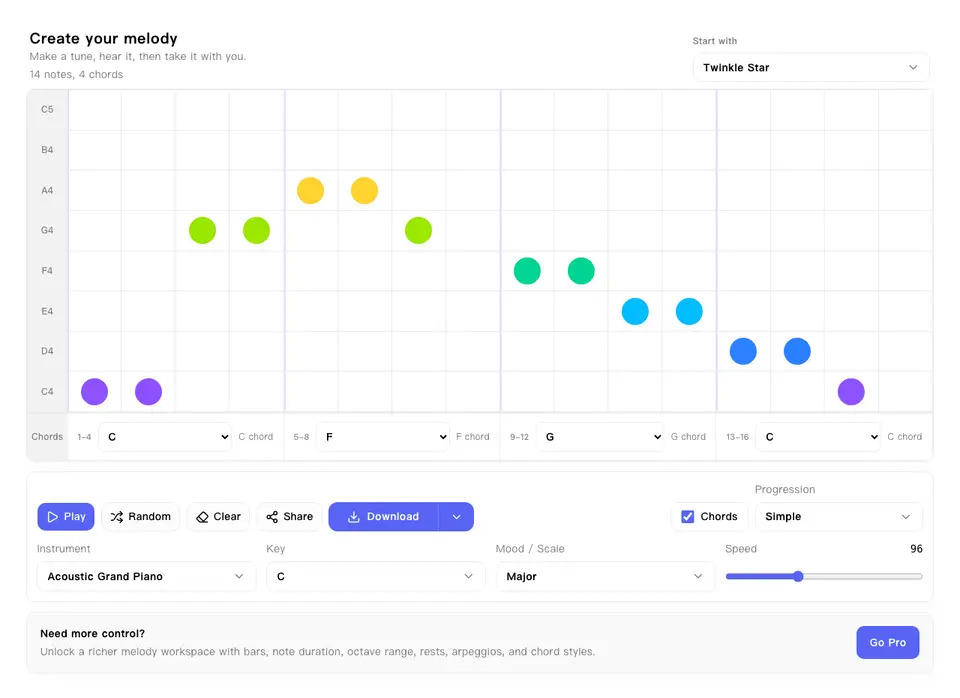 Melody Creator tool interface with grid and export controls